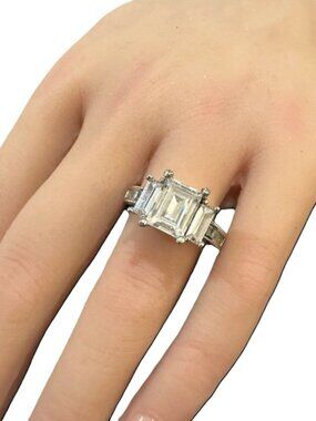 Vintage Ring Emerald Cut Triple Stone Center Silver Tone Size 8.5
